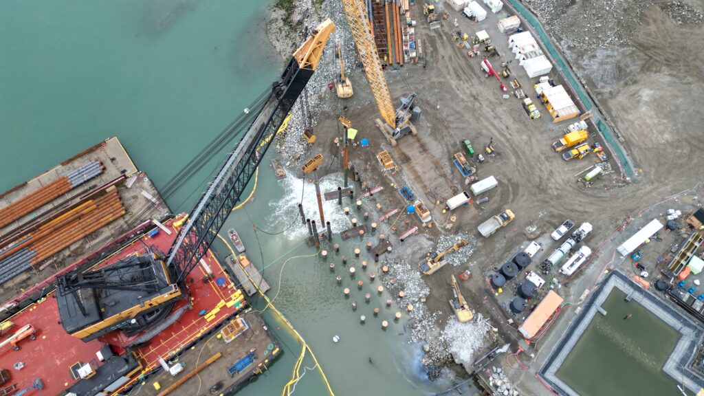 Overhead view of marine piling work.